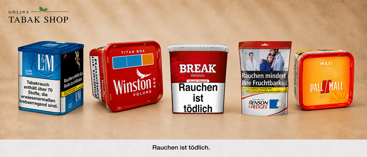 Bekannte Marken, die Volumentabak herstellen: Winston, Break, L&M, Pall Mall und Benson & Hedges