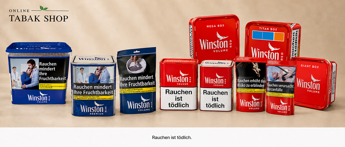 Winston Tabak Alle Packungsformate von Winston Tabak, gruppiert nach Winston Blue und Winston Red
