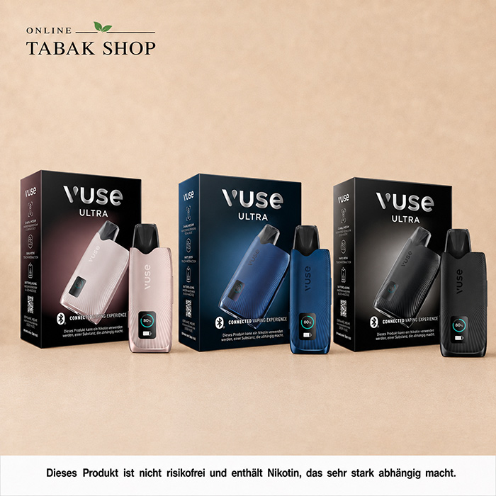 Vuse Ultra Device: Akkuträger in Rosa, Blau und Schwarz mit Verpackung