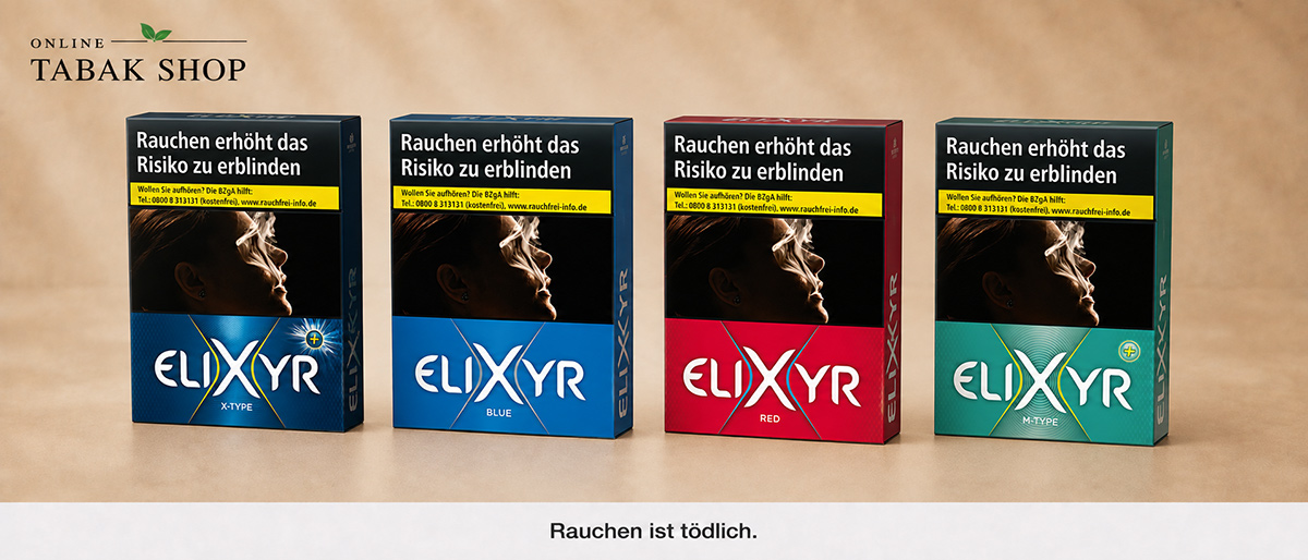 Elixyr Zigaretten in den Sorten Red, Blue, X-Type und M-Type (grün)