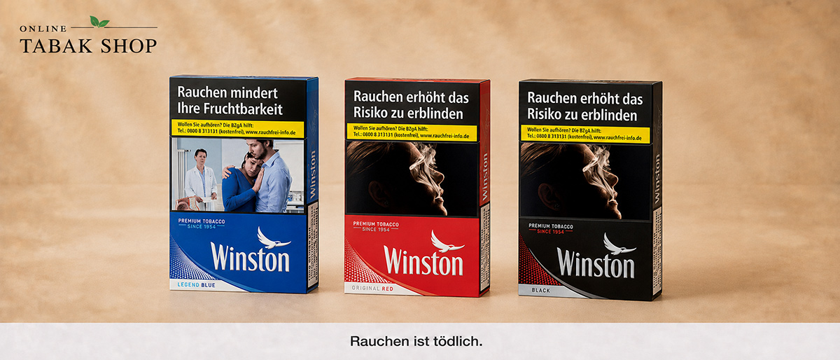 Winston Zigaretten in den Sorten Legend Blue, Original Red und Black