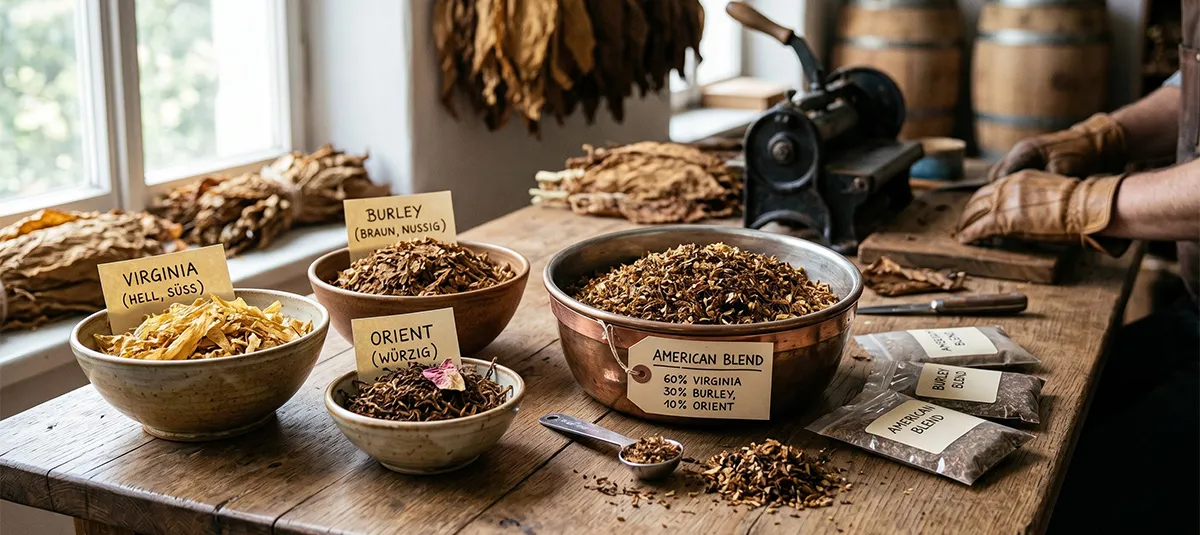 Virginia, Burley und Orient mit Geschmacksnuancen und Mischungsverhältnis für American Blend