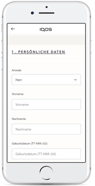 IQOS Registrierung - Persönliche Daten Eingabemaske